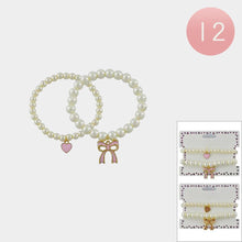 Load image into Gallery viewer, Pink 12 SET OF 2 - Enamel Bow Heart Charm Pearl Stretch Bracelets
