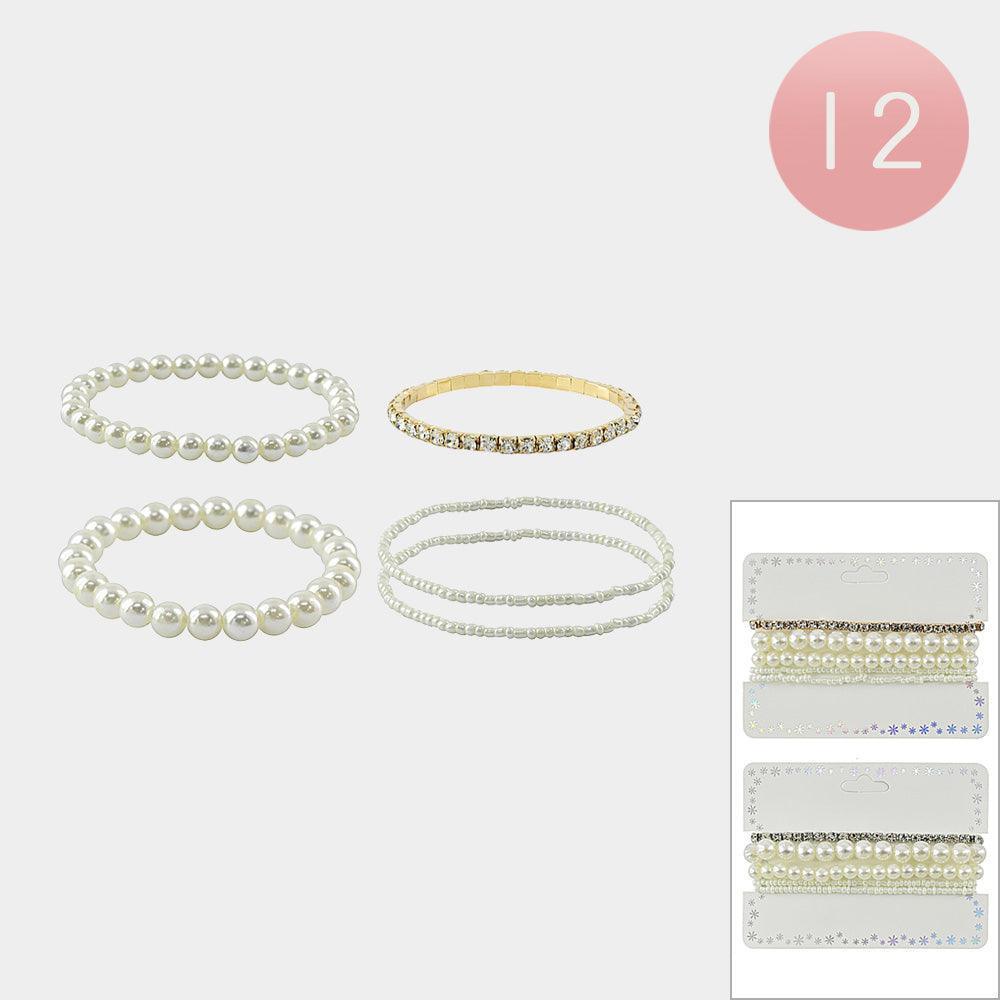 Silver 12 SET OF 4 Pearl Ball Seed Beads Rhinestone Beaded Stretch Multi Layered Bracelets - Jewelry Store by Erik Rayo