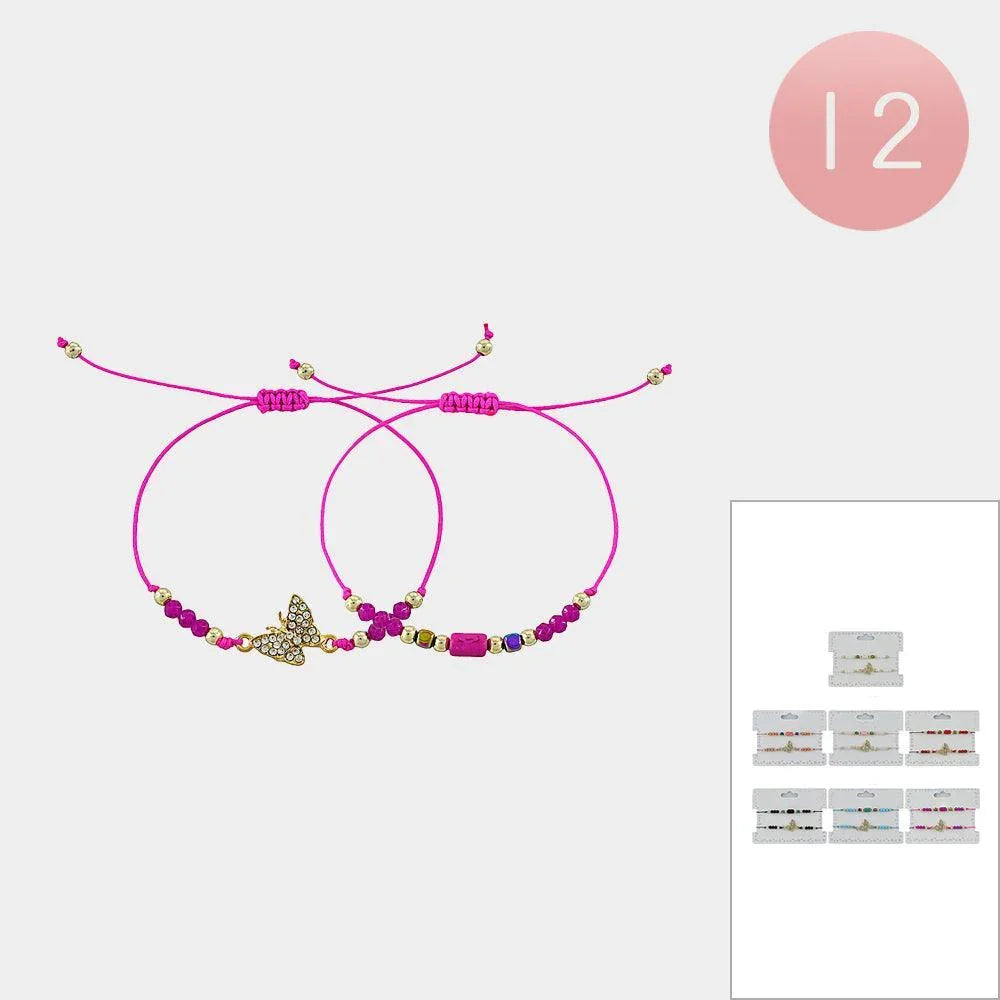 12PCS - Rhinestone Paved Butterfly Charm Pointed Wood Faceted Beaded Pull Tie Cinch Bracelets - Jewelry Store by Erik Rayo