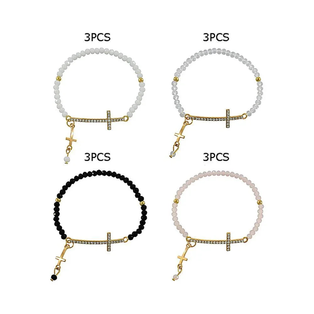 12PCS - Cross Charm Dangle Cross Accented Stretch Beaded Bracelets - Jewelry Store by Erik Rayo