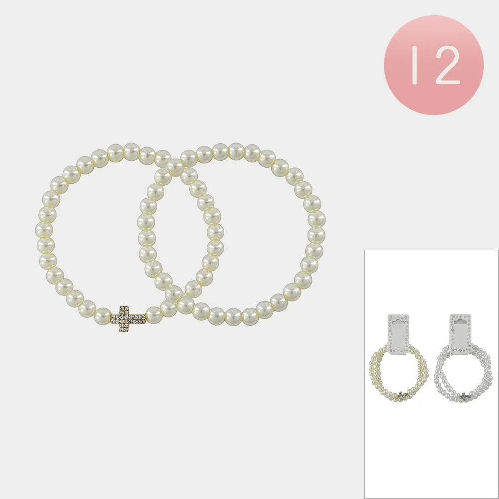 Silver 12 SET OF 2 Stone Paved Cross Pendant Pointed Pearl Beaded Layered Bracelets - Jewelry Store by Erik Rayo