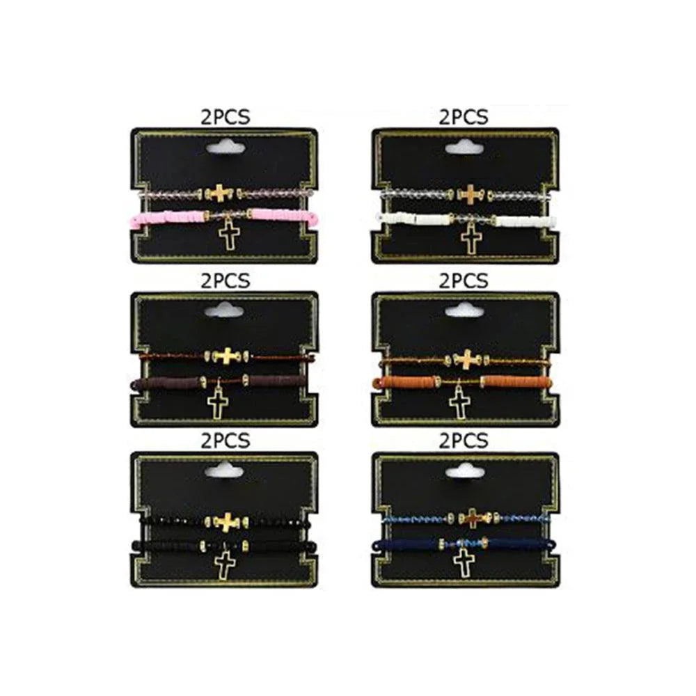 12 SET OF 2 - Cross Charm Faceted Beaded Stretch Bracelets - Jewelry Store by Erik Rayo
