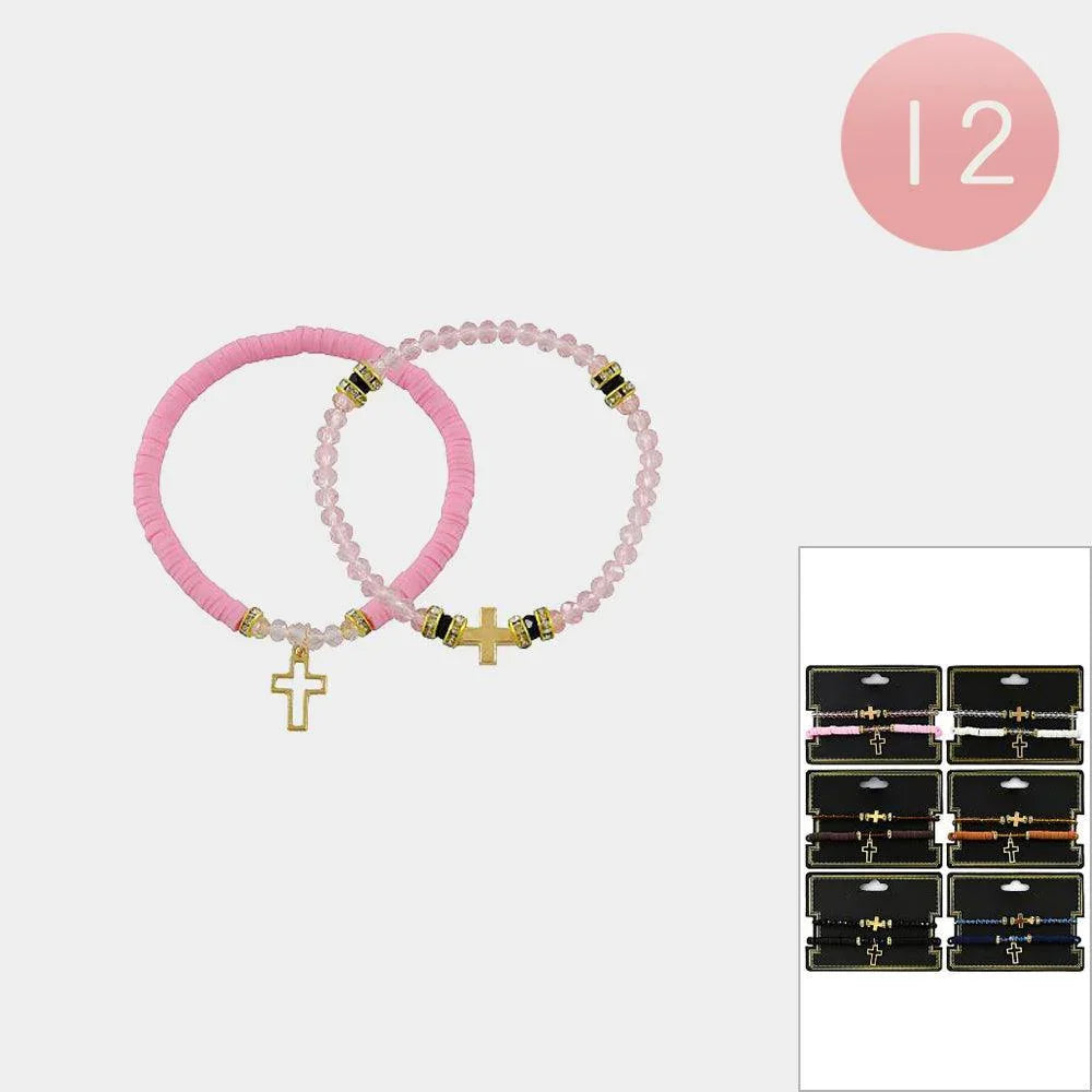 12 SET OF 2 - Cross Charm Faceted Beaded Stretch Bracelets - Jewelry Store by Erik Rayo
