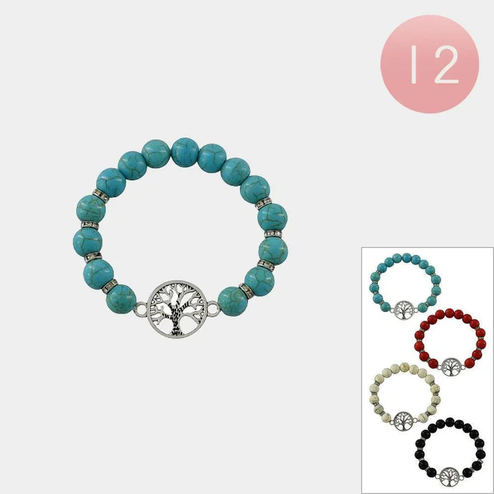 12PCS - Tree Of Life Pointed Natural Stone Stretch Bracelets - Jewelry Store by Erik Rayo