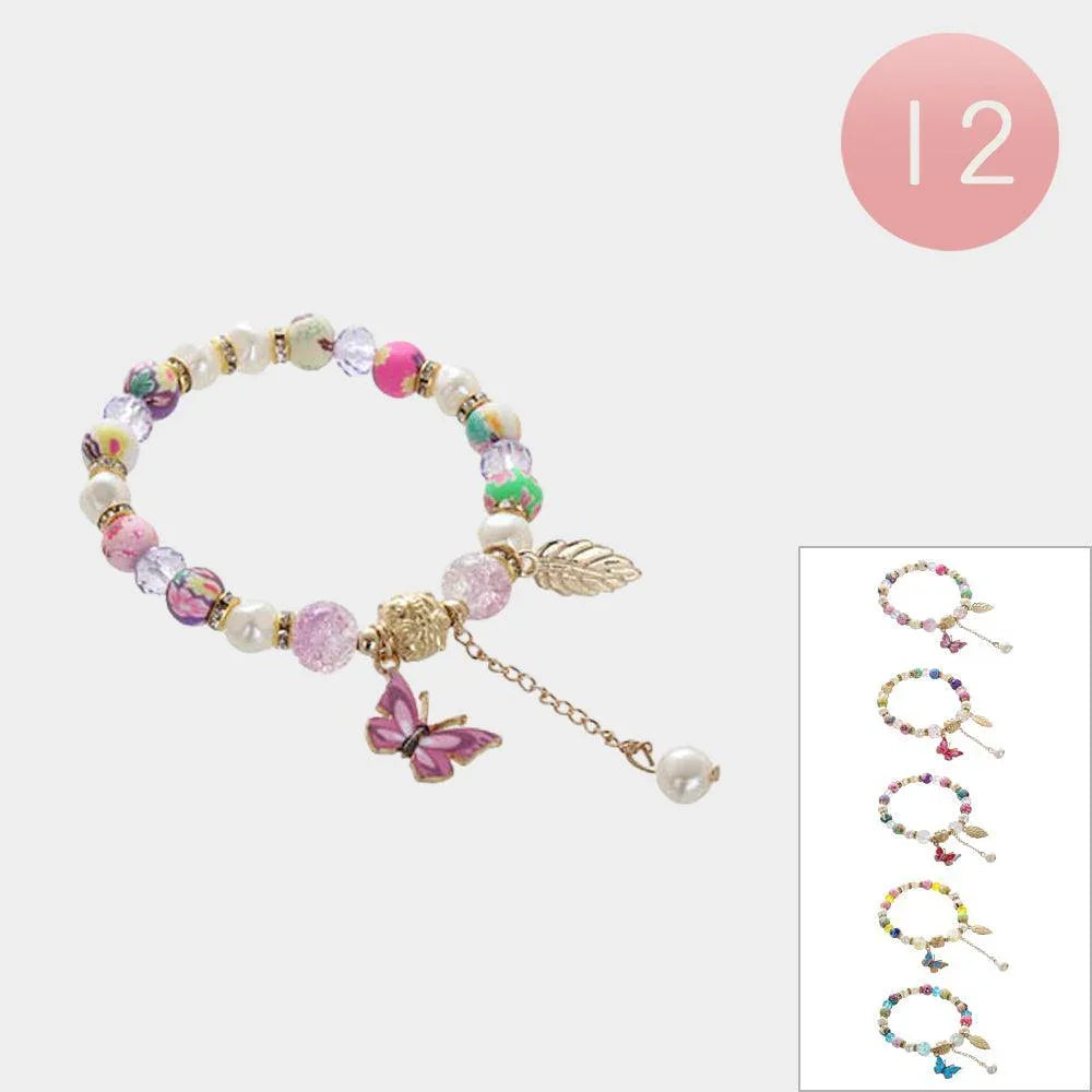 12PCS - Butterfly Pearl Leaf Charm Multi Beaded Stretch Bracelets - Jewelry Store by Erik Rayo
