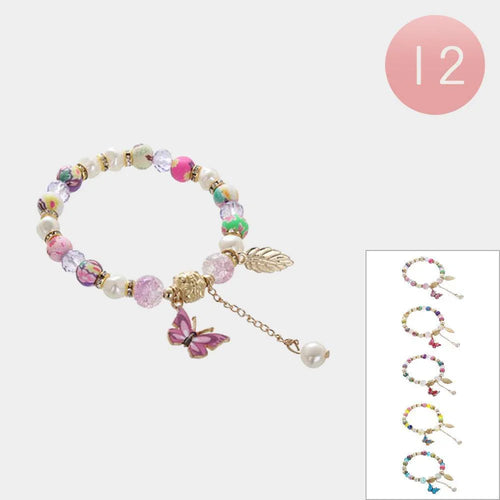 12PCS - Butterfly Pearl Leaf Charm Multi Beaded Stretch Bracelets - Jewelry Store by Erik Rayo