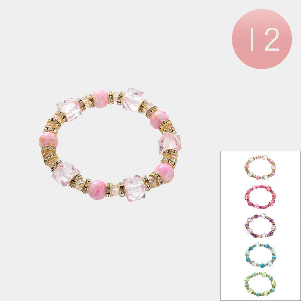 12PCS - Cube Bead Accented Multi Beaded Stretch Bracelets - Jewelry Store by Erik Rayo