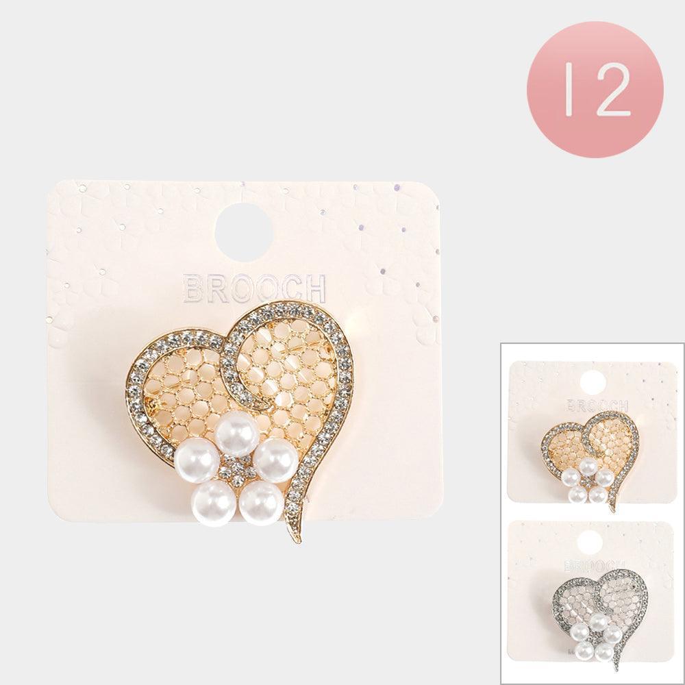 12PCS - Pearl Flower Pointed Rhinestone Trimmed Heart Pin Brooches - Jewelry Store by Erik Rayo