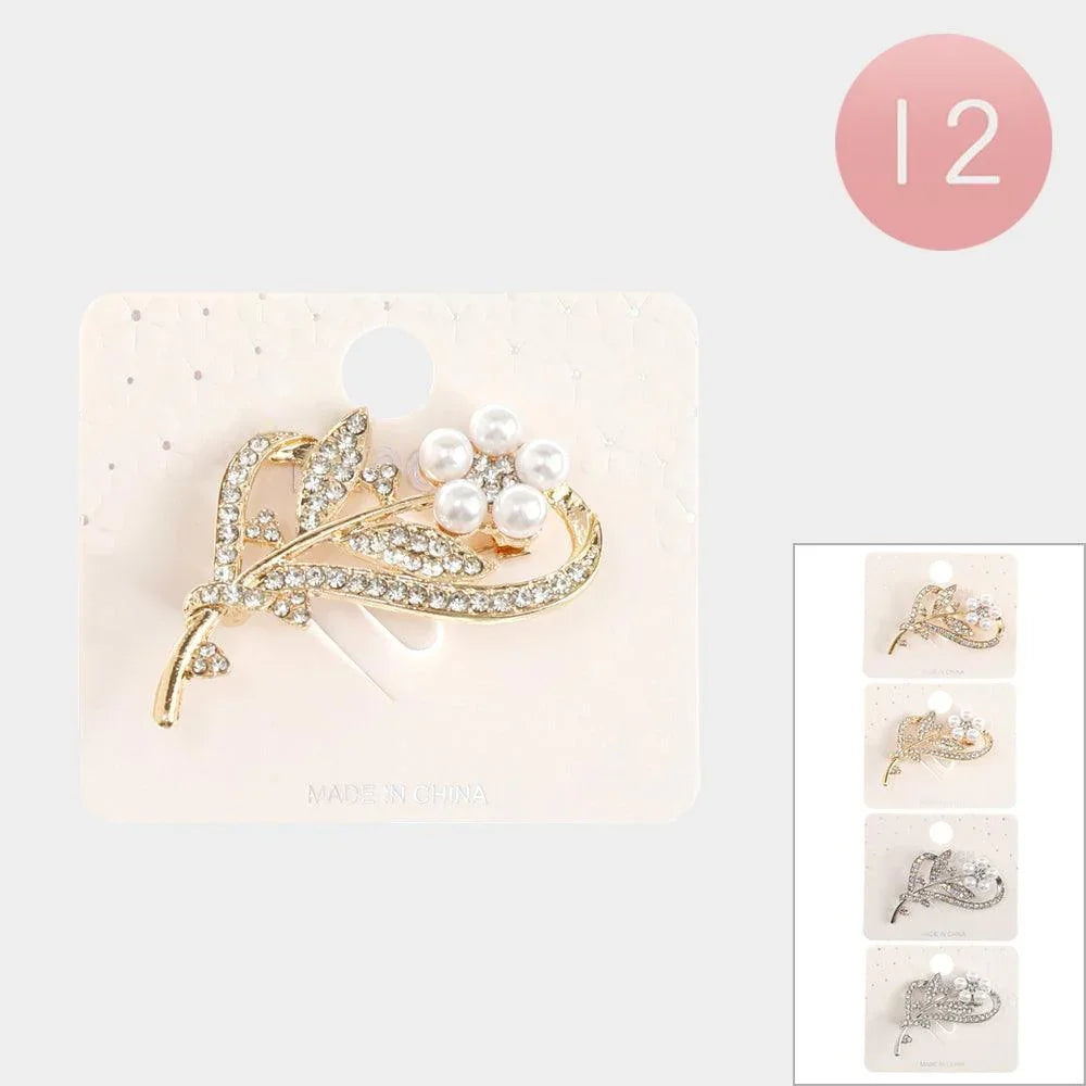 12PCS - Pearl Rhinestone Embellished Flower Pin Brooches - Jewelry Store by Erik Rayo