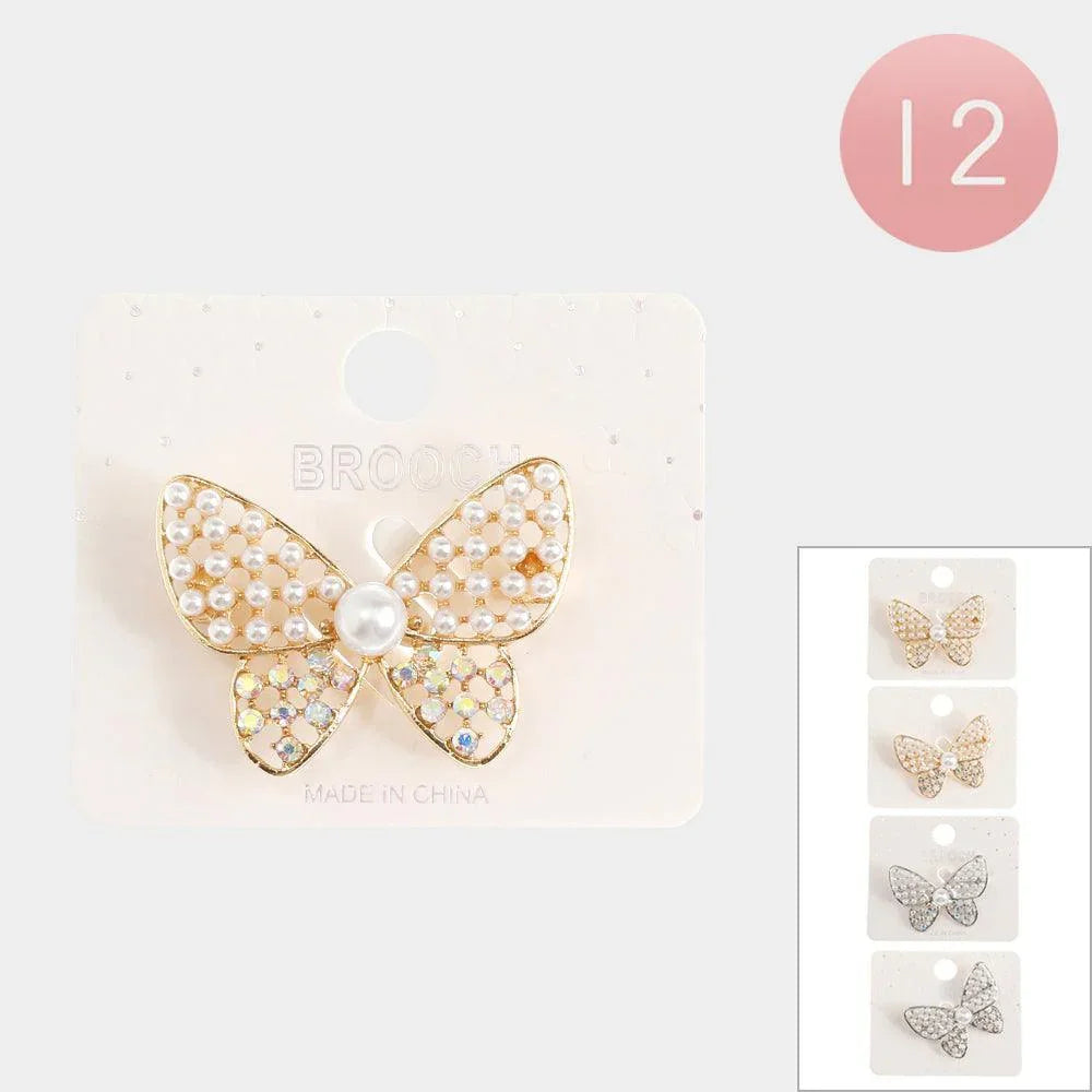 12PCS - Pearl Rhinestone Embellished Butterfly Pin Brooches - Jewelry Store by Erik Rayo