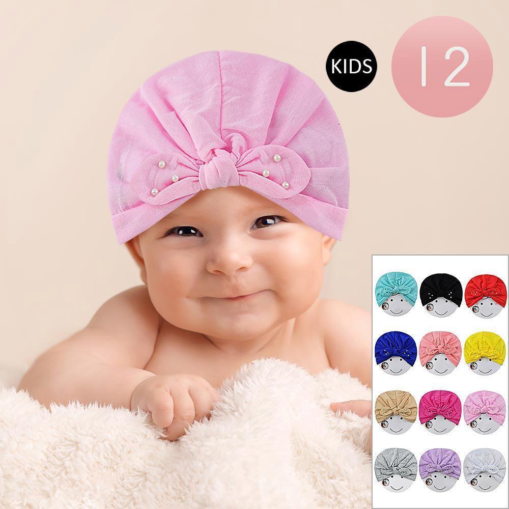 Pearl Embellished Bow Solid Kids Turban Hats 12 Pack - Jewelry Store by Erik Rayo