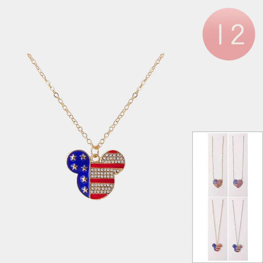 12PCS - Rhinestone Paved American USA Flag Heart Bear Pendant Necklace - Jewelry Store by Erik Rayo