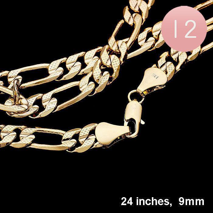 Gold 12PCS - 24 INCH, 9mm Gold Plated Concave Textured Figaro Chain Necklaces - Jewelry Store by Erik Rayo