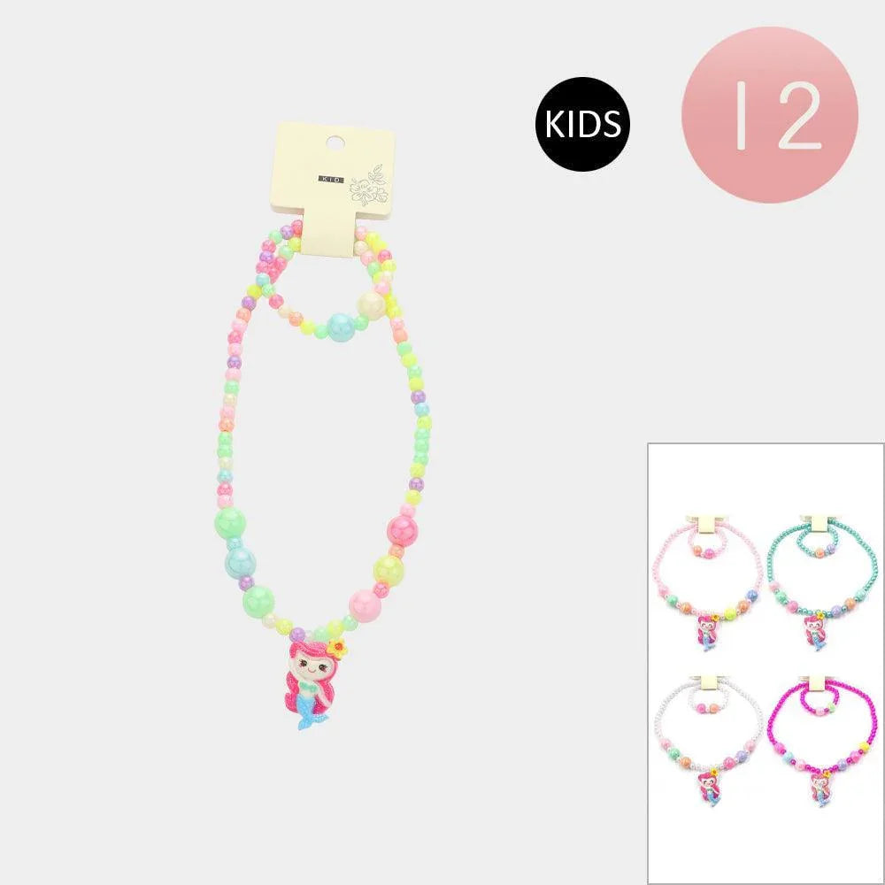 12 SET OF 2 - Mermaid Pendant Beaded Kids Bracelet Necklace Sets - Jewelry Store by Erik Rayo