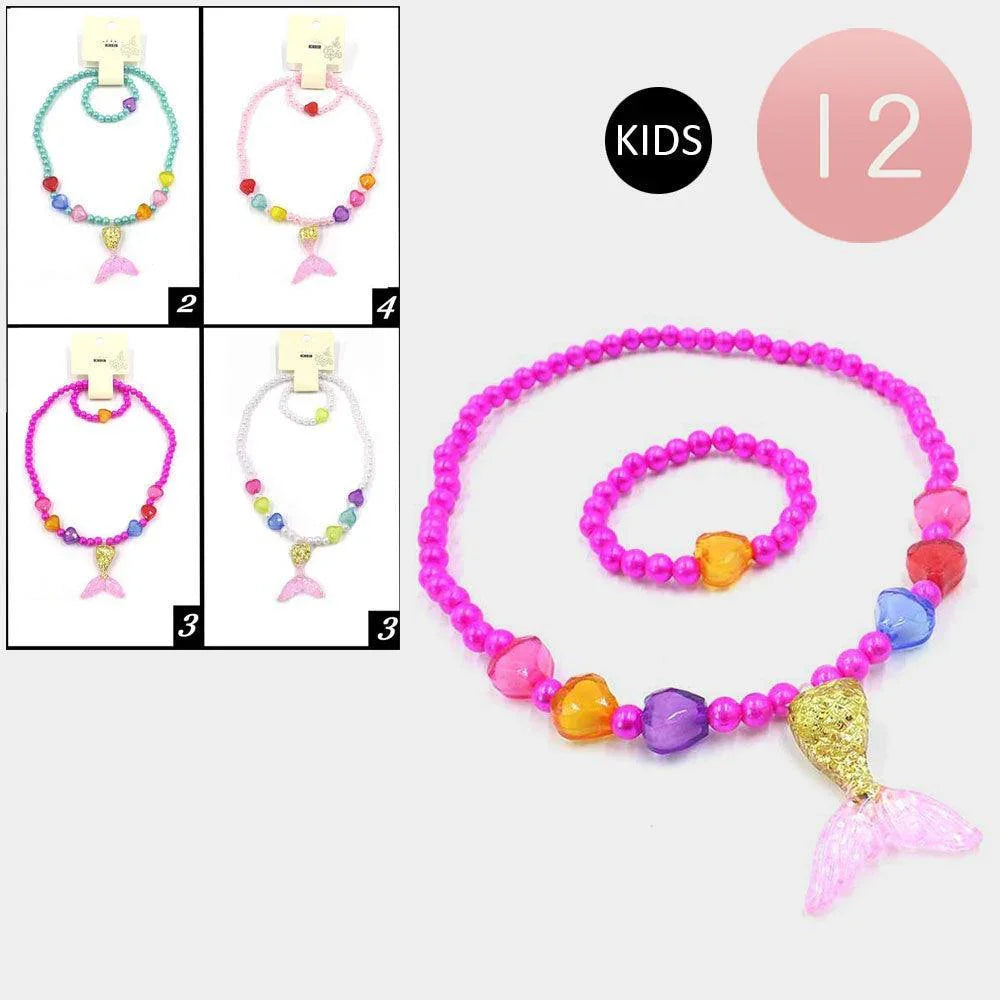 12 SET OF 2 - Mermaid Tail Pendant Beaded Kids Bracelet Necklace Sets - Jewelry Store by Erik Rayo