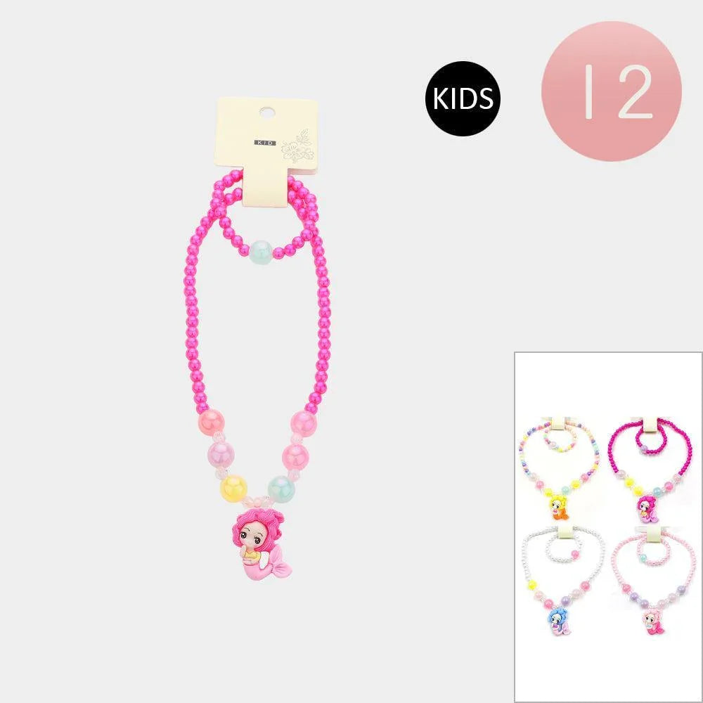 12 SET OF 2 - Mermaid Pendant Beaded Kids Bracelet Necklace Sets - Jewelry Store by Erik Rayo