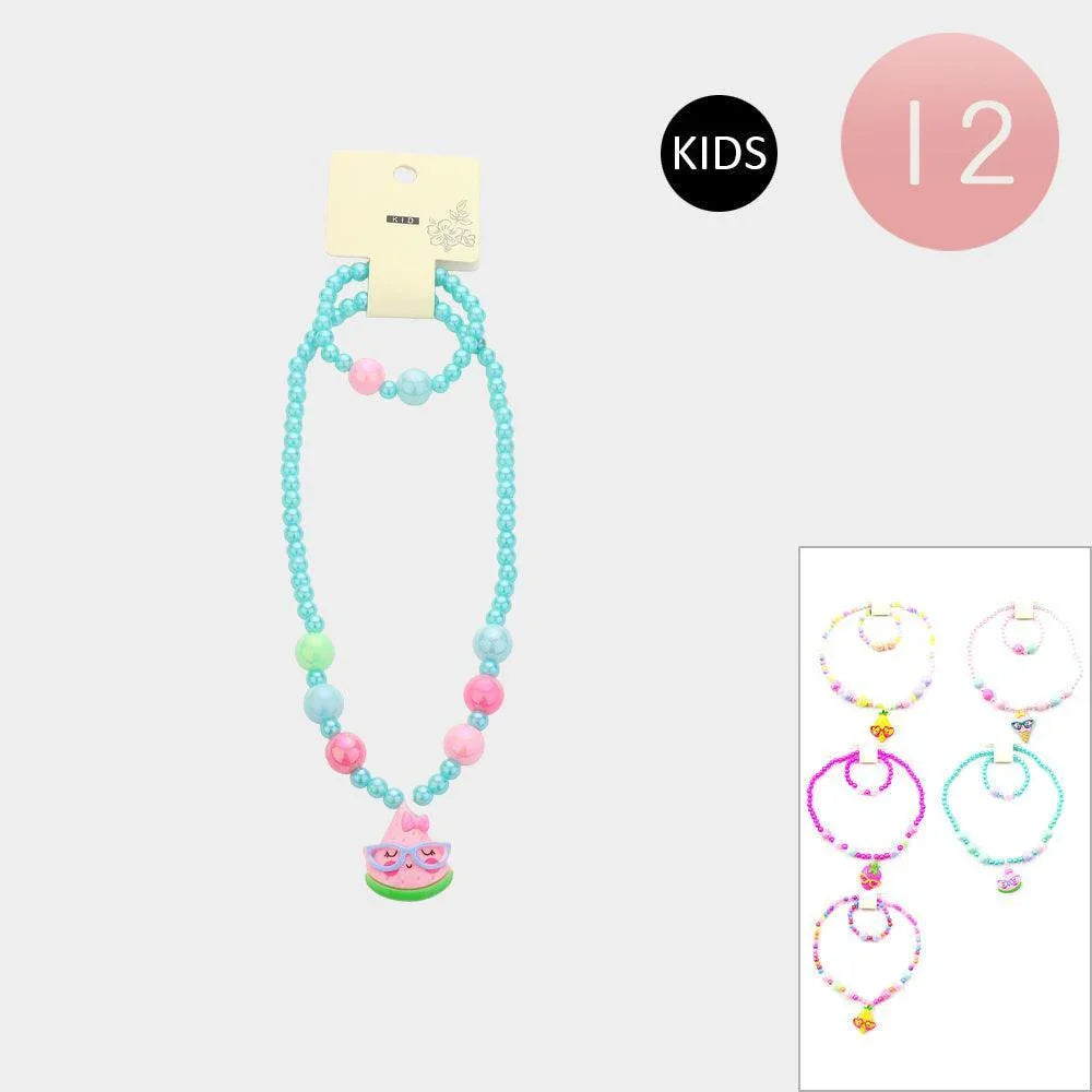 12 SET OF 2 - Fruit Pendant Beaded Kids Bracelet Necklace Sets - Jewelry Store by Erik Rayo