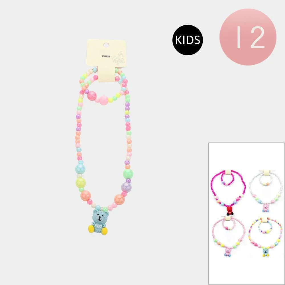 12 SET OF 2 - Teddy Bear Pendant Beaded Kids Bracelet Necklace Sets - Jewelry Store by Erik Rayo