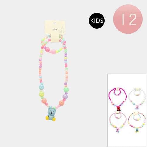 12 SET OF 2 - Teddy Bear Pendant Beaded Kids Bracelet Necklace Sets - Jewelry Store by Erik Rayo