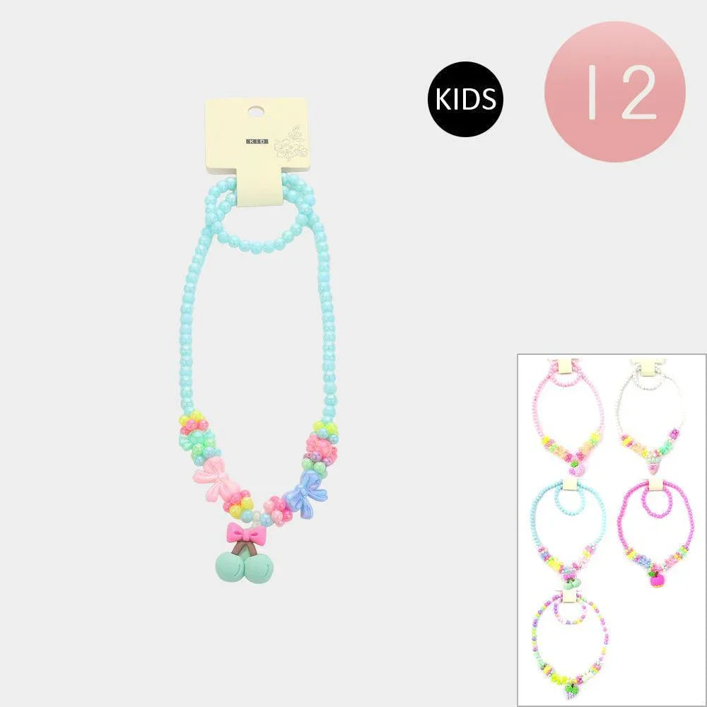 12 SET OF 2 - Fruit Pendant Flower Bow Pointed Beaded Kids Bracelet Necklace Sets - Jewelry Store by Erik Rayo