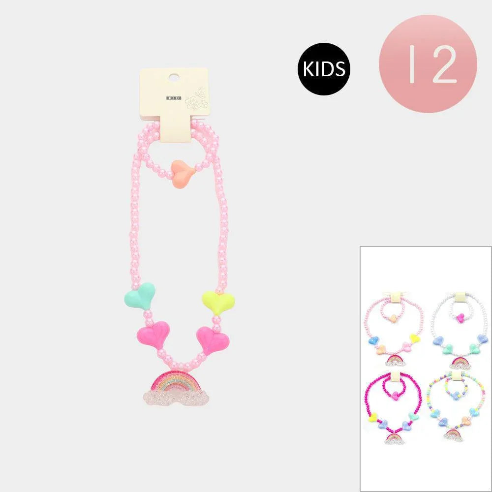 12 SET OF 2 - Rainbow Pendant Heart Pointed Beaded Kids Bracelet Necklace Sets - Jewelry Store by Erik Rayo