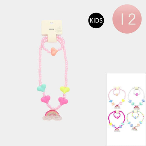 12 SET OF 2 - Rainbow Pendant Heart Pointed Beaded Kids Bracelet Necklace Sets - Jewelry Store by Erik Rayo