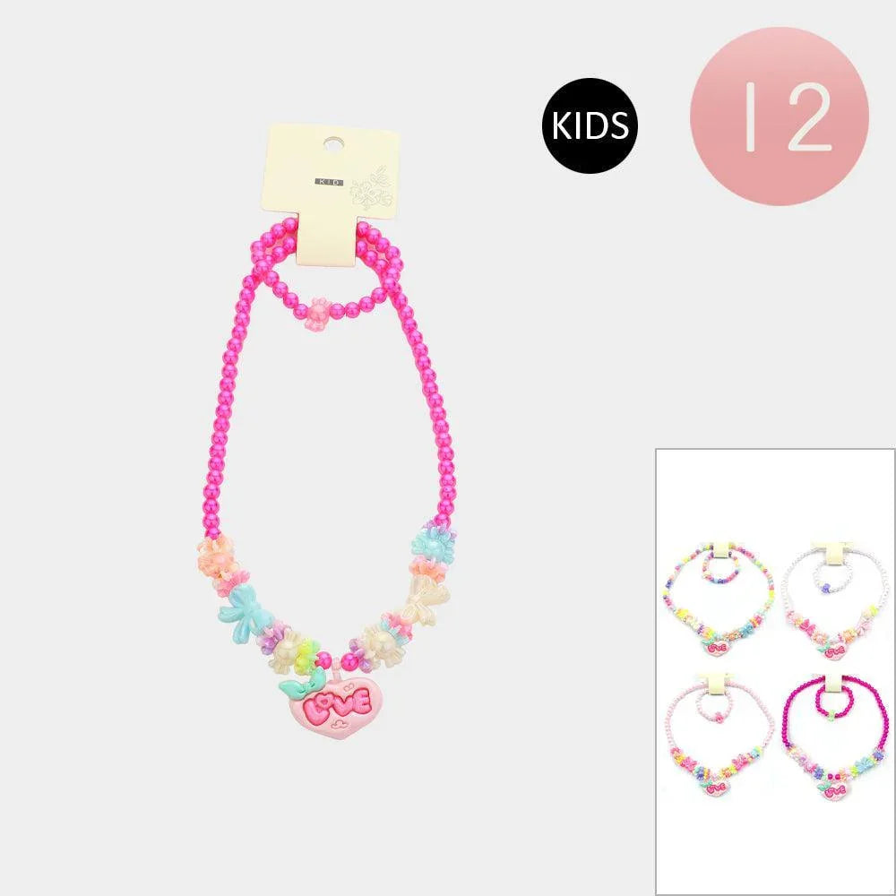 12 SET OF 2 - LOVE Message Heart Pendant Bow Pointed Beaded Kids Bracelet Necklace Sets - Jewelry Store by Erik Rayo