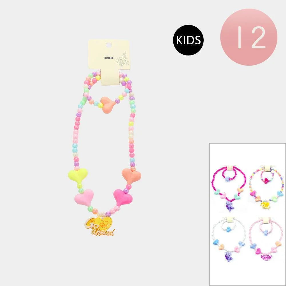 12 SET OF 2 - GO AHEAD CHEER UP Message Heart Pendant Beaded Kids Bracelet Necklace Sets - Jewelry Store by Erik Rayo