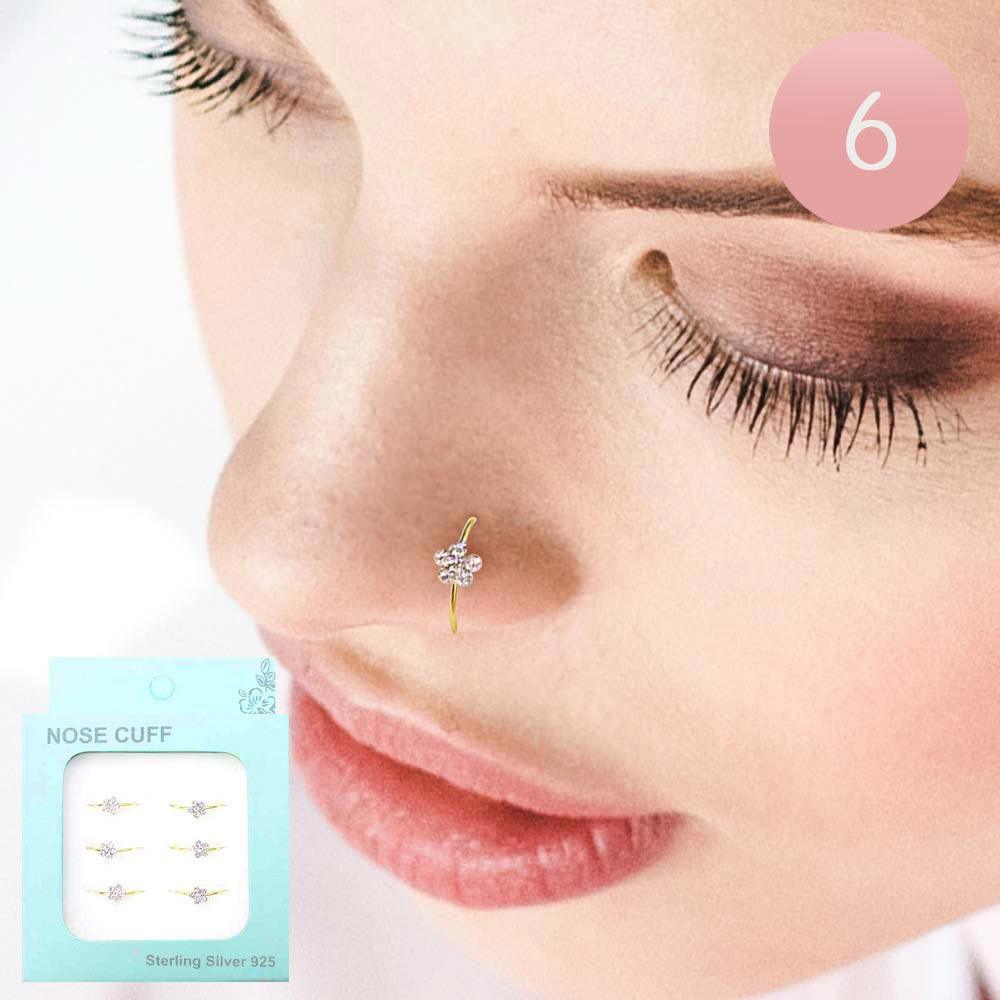 Silver 6PCS - Sterling Silver Flower Stone Embellished Nose Cuffs