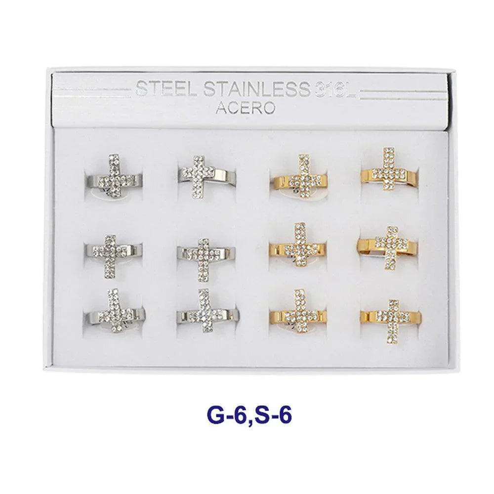 12PCS - Rhinestone Embellished Cross Stainless Steel Rings - Jewelry Store by Erik Rayo