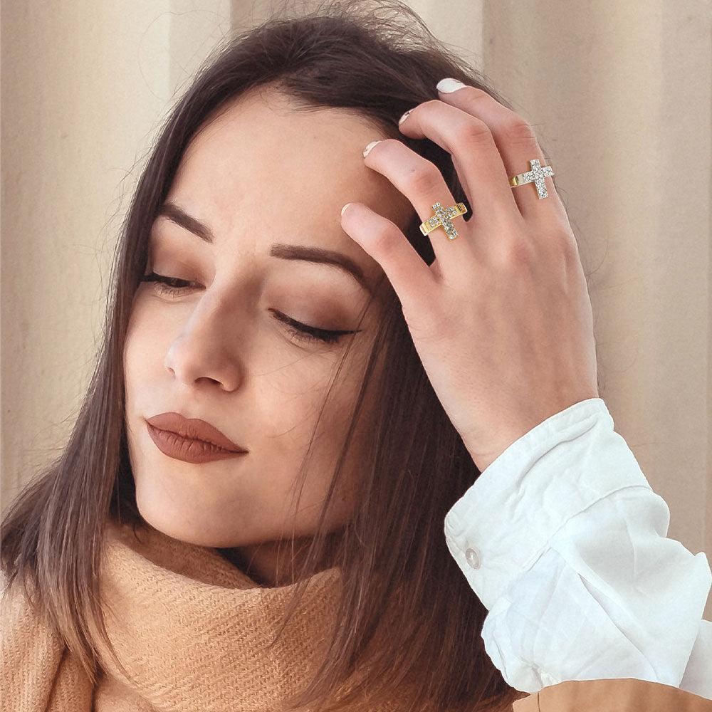 12PCS - Rhinestone Embellished Cross Stainless Steel Rings - Jewelry Store by Erik Rayo