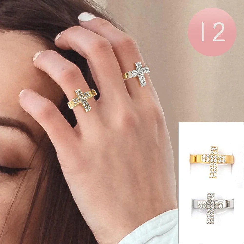 12PCS - Rhinestone Embellished Cross Stainless Steel Rings - Jewelry Store by Erik Rayo