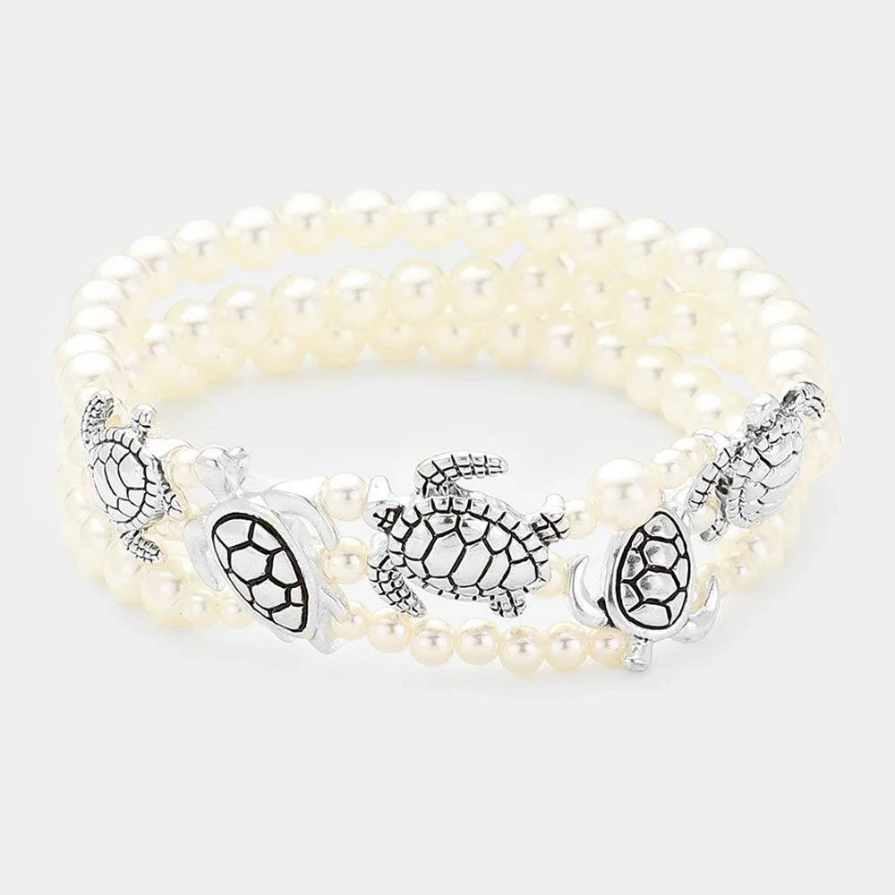 Silver Turtle Pearl Stretch Bracelet - Jewelry Store by Erik Rayo
