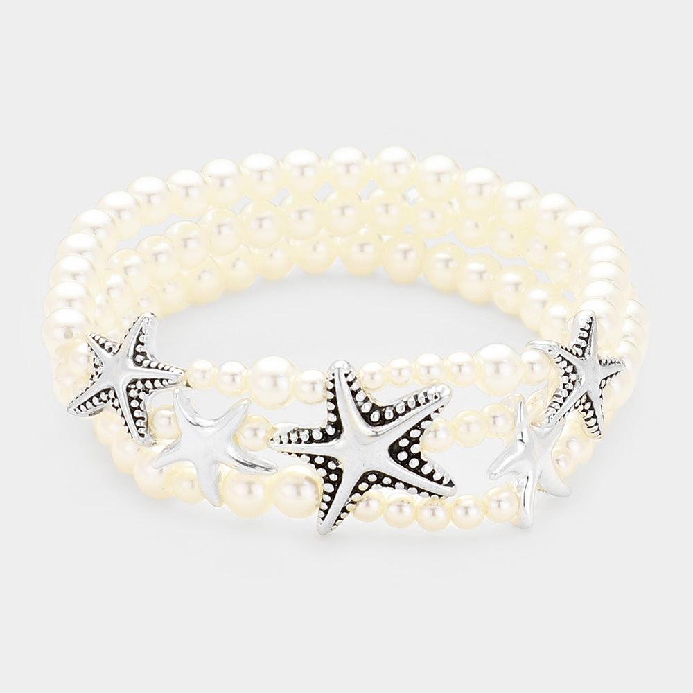 Silver Starfish Pearl Stretch Bracelet