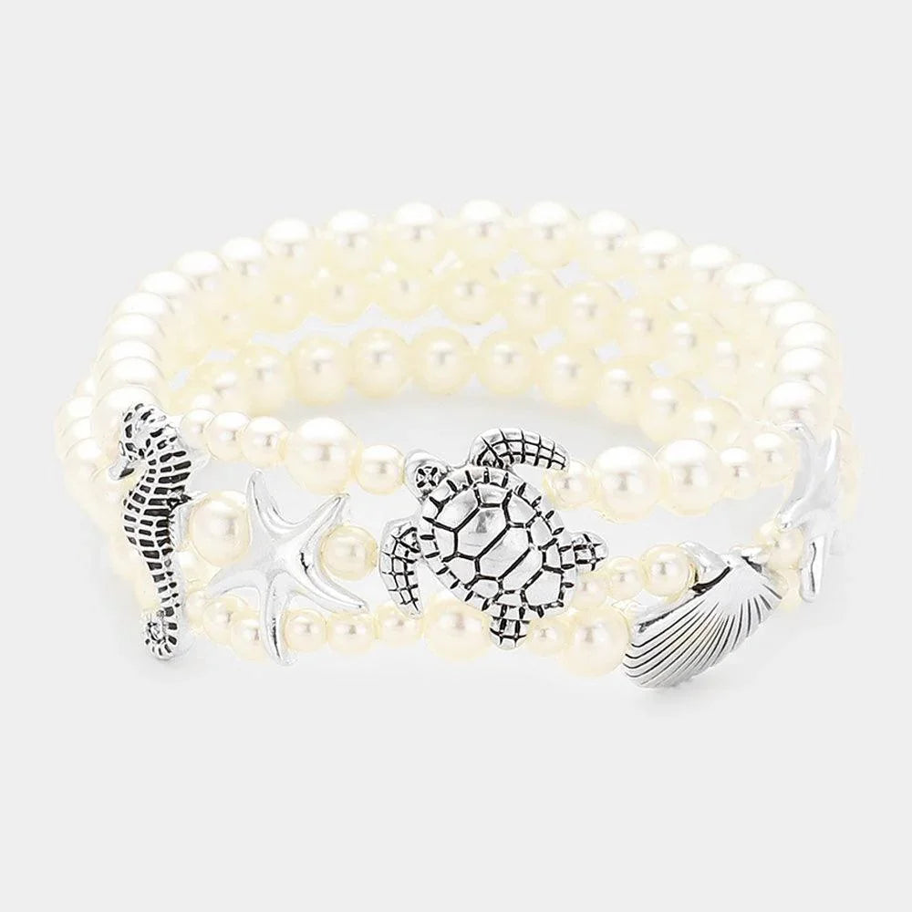 Silver Sea Life Pearl Stretch Bracelet - Jewelry Store by Erik Rayo
