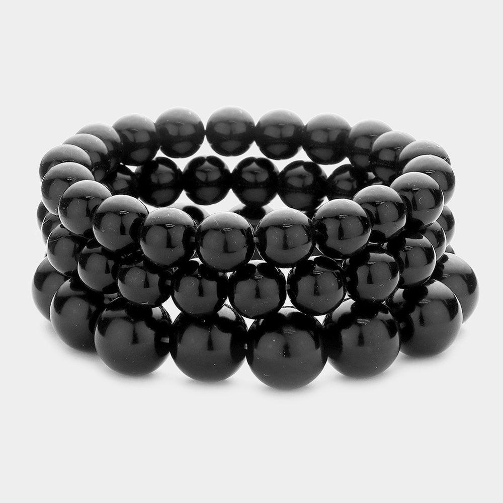 Black 3PCS  Pearl Strand Stretch Bracelets