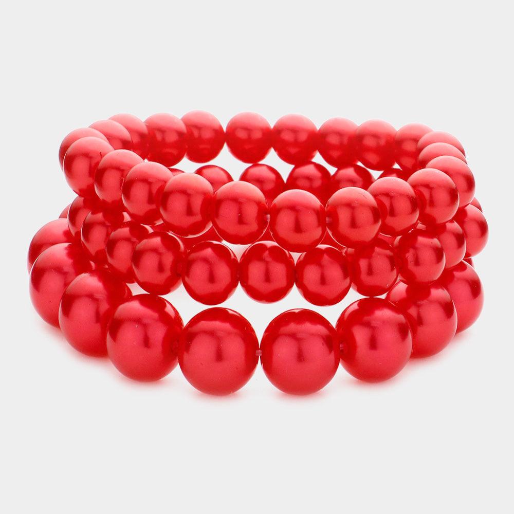 Red 3PCS - Pearl Strand Stretch Bracelets