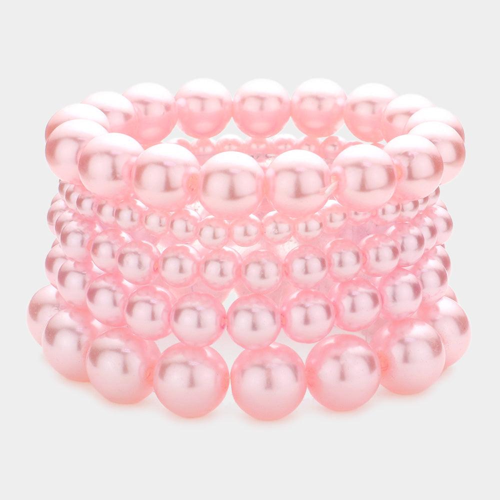 Pink 5PCS - Pearl Strand Stretch Bracelets