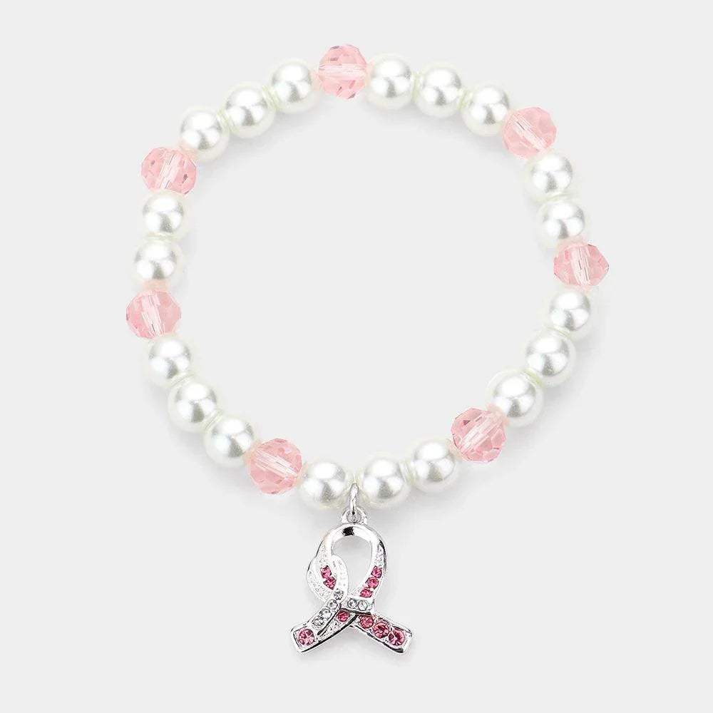 Pink Rhinestone Embellished Pink Ribbon Charm Pearl Stretch Bracelet - Jewelry Store by Erik Rayo