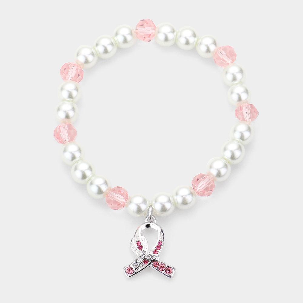 Pink Rhinestone Embellished Pink Ribbon Charm Pearl Stretch Bracelet