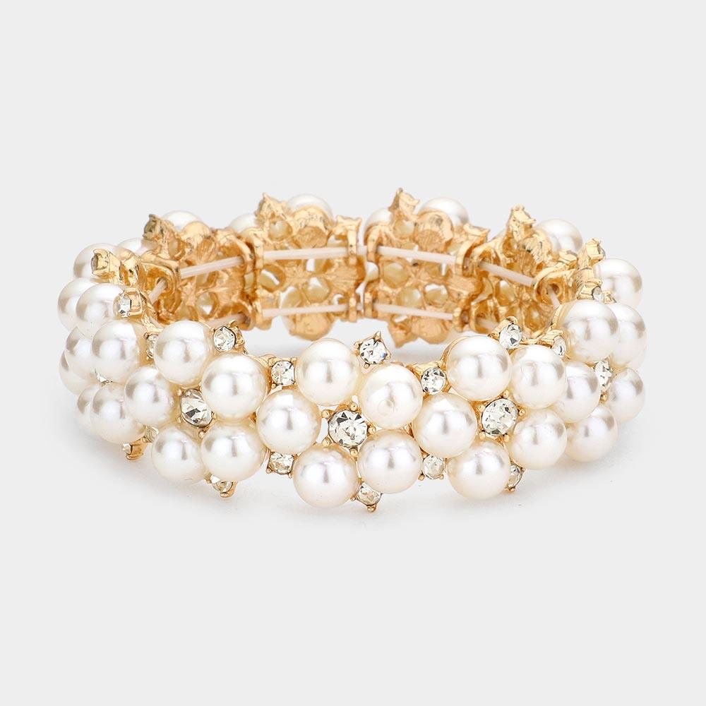 Gold Pearl Flower Cluster Link Stretch Bracelet