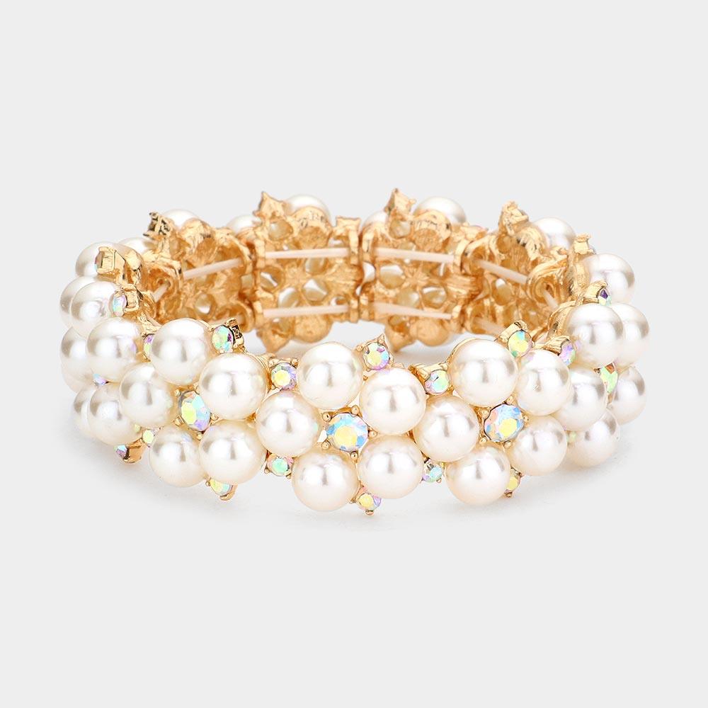 Gold Pearl Flower Cluster Link Stretch Bracelet