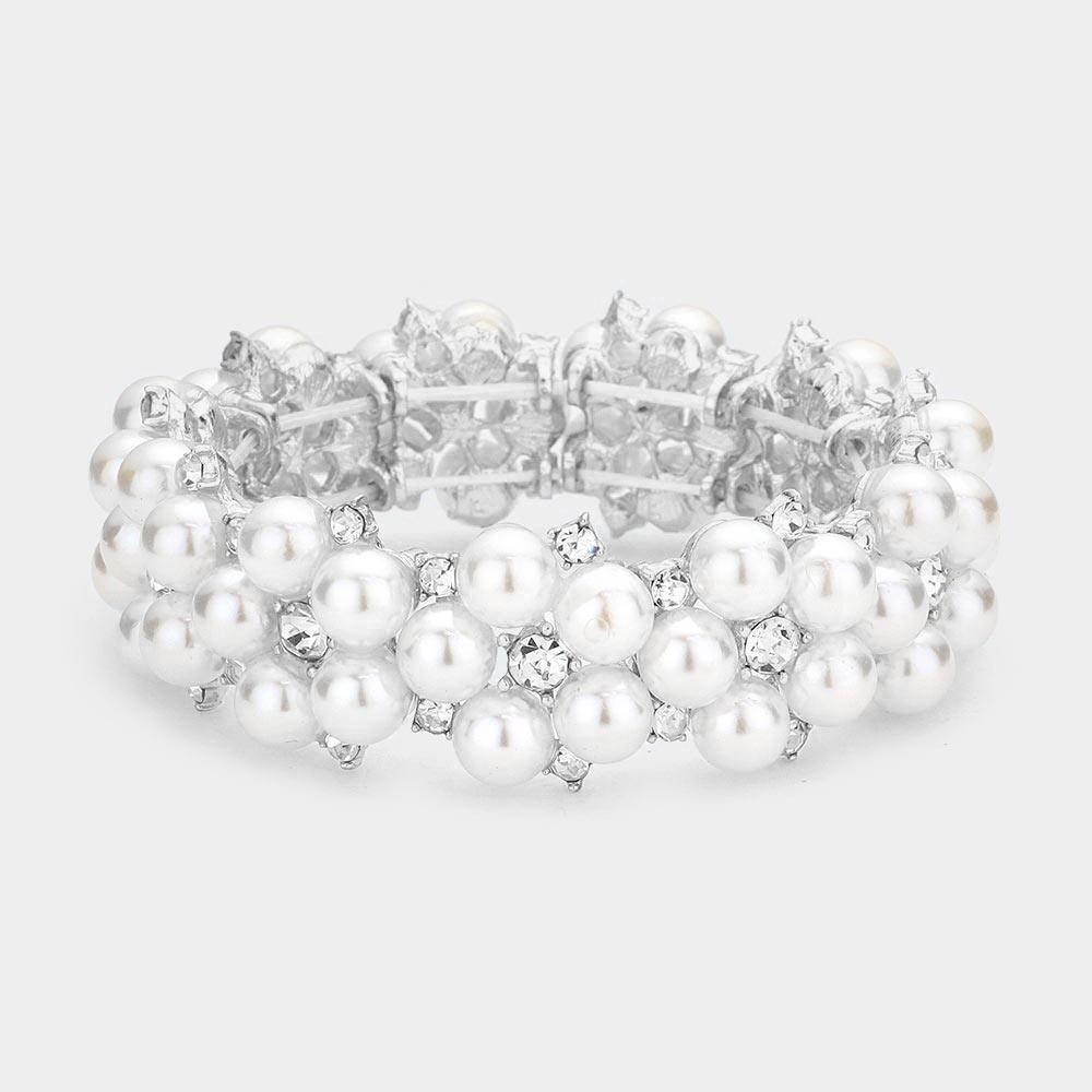 Silver Pearl Flower Cluster Link Stretch Bracelet