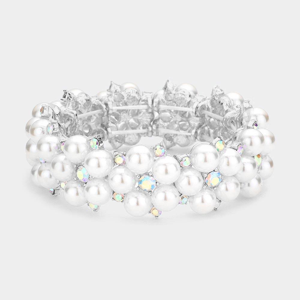 Silver Pearl Flower Cluster Link Stretch Bracelet