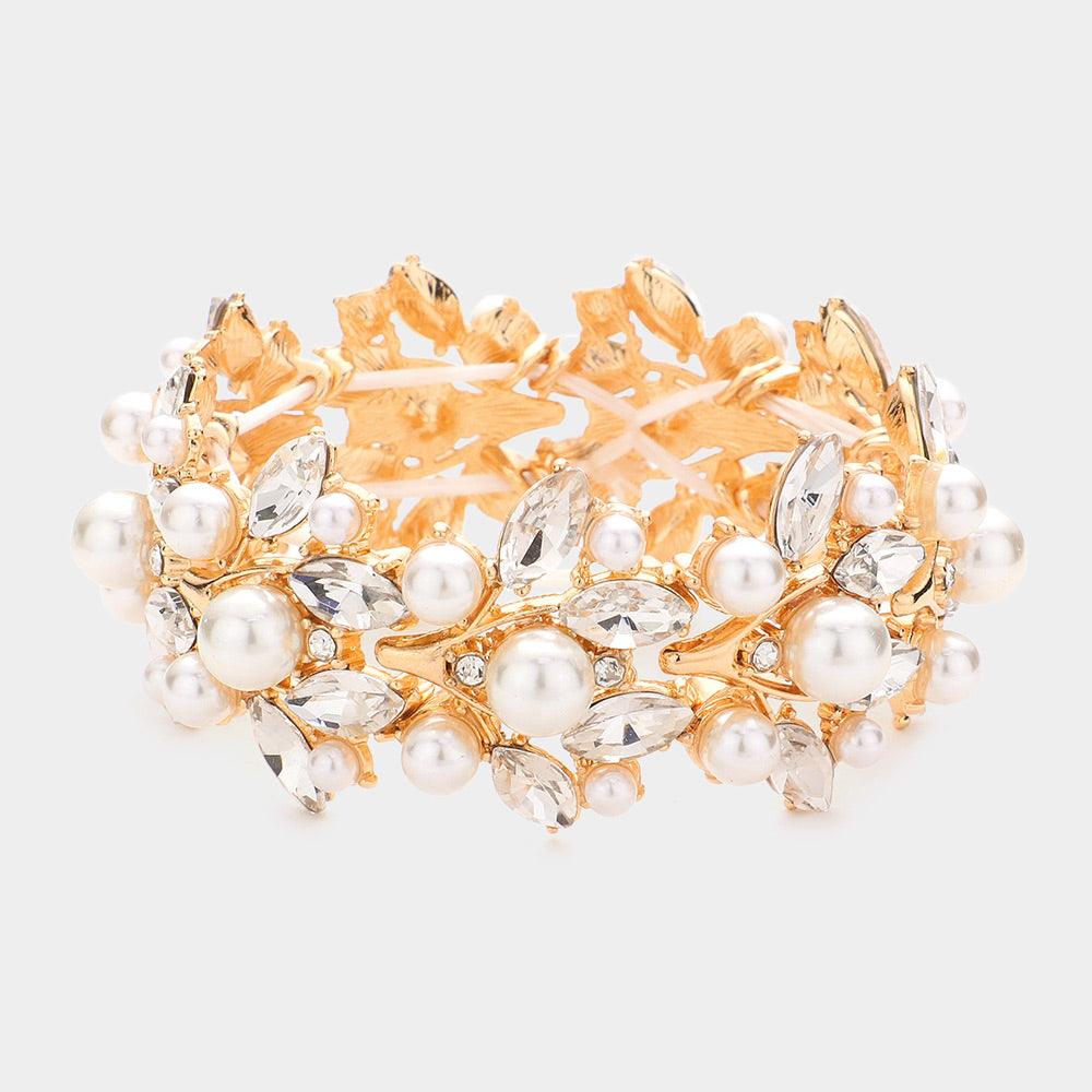 Gold Pearl Embellished Marquise Stone Leaf Stretch Evening Bracelet