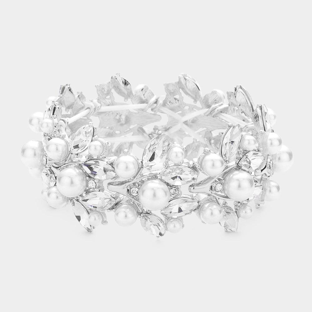 Silver Pearl Embellished Marquise Stone Leaf Stretch Evening Bracelet