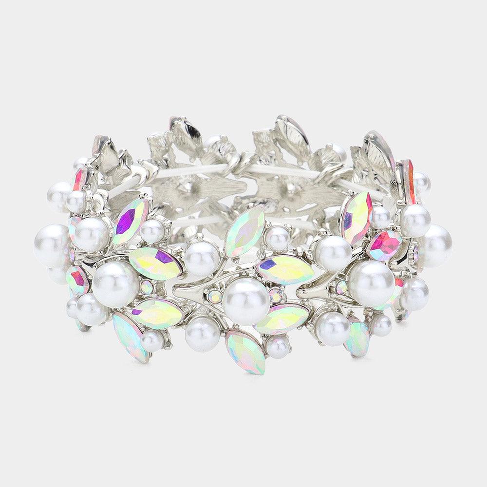 Silver Pearl Embellished Marquise Stone Leaf Stretch Evening Bracelet