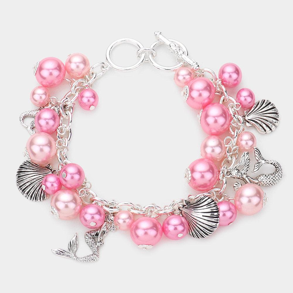 Pink Antique Metal Mermaid Shell Charm Station Pearl Toggle Bracelet