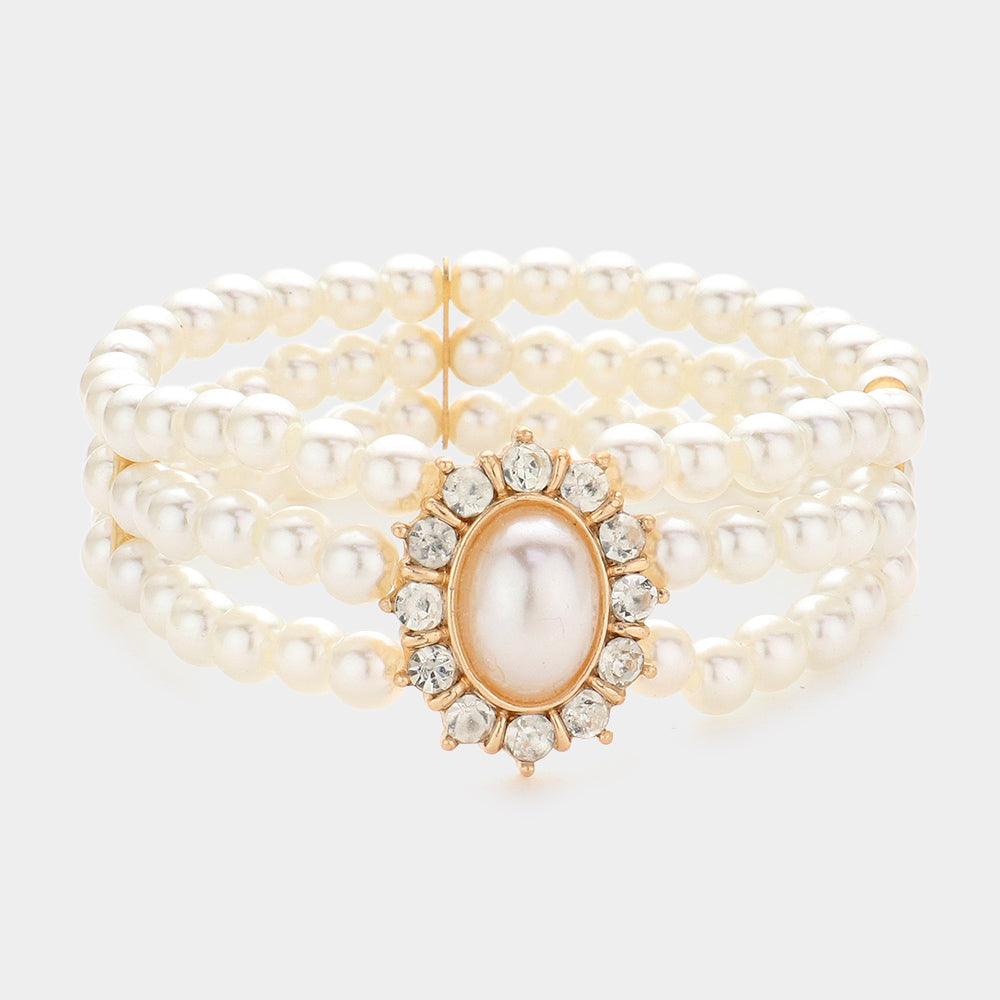 Cream Oval Pearl Accented Stretch Bracelet