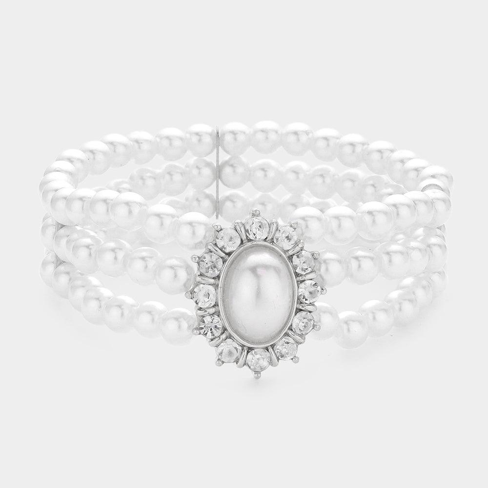 White Oval Pearl Accented Stretch Bracelet